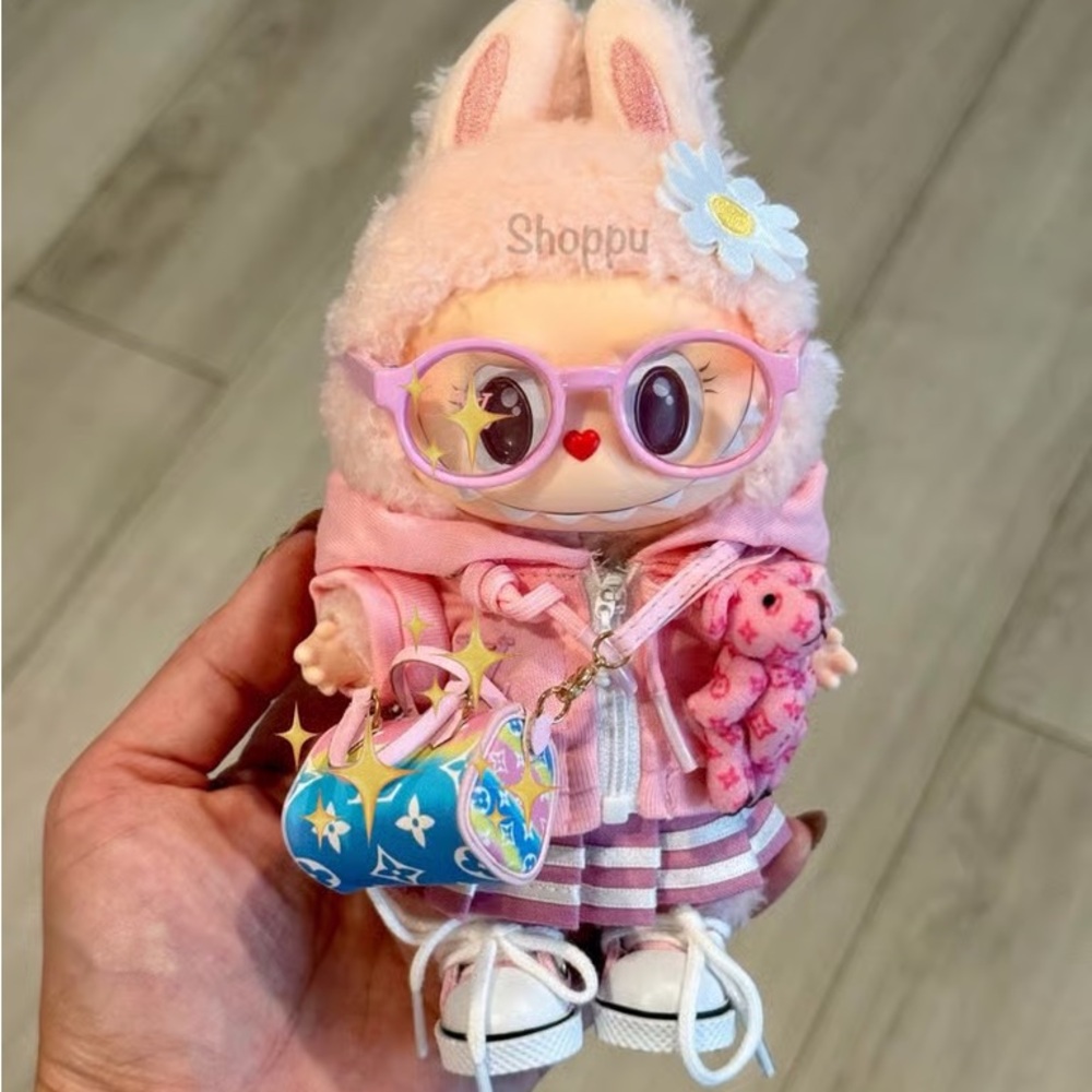 Labubu clothes 5pcs outfit pink bear skirt hoodie set **DOLLS NOT INCLUDED**